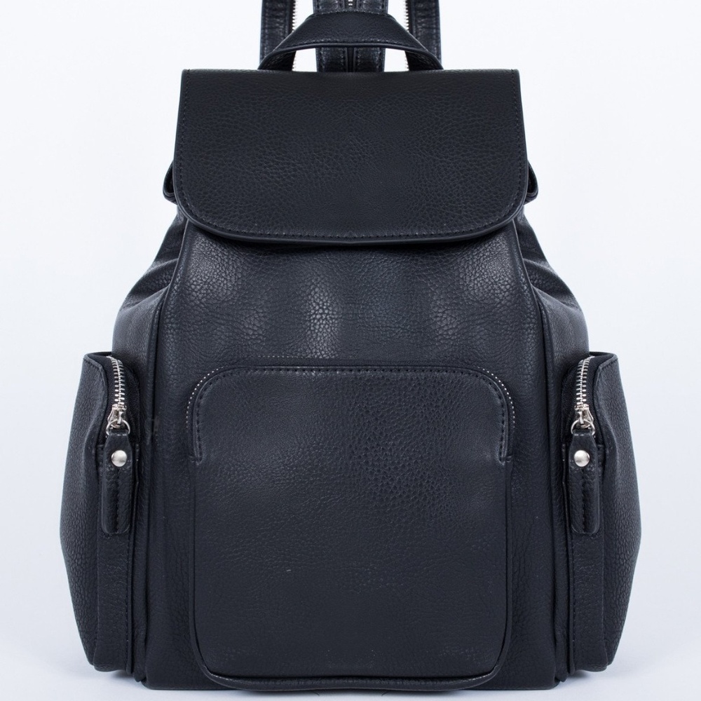 Black Vegan Leather Backpack with Zipper Strap